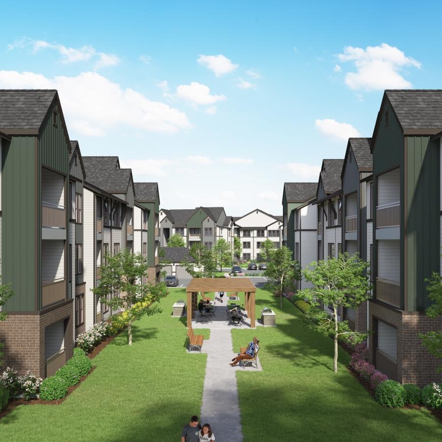 a courtyard with people